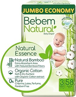 حفاضات اطفال بي بم طبيعي، عبوة جامبو، وسط مقاس 3 - 58 قطعة، أبيض