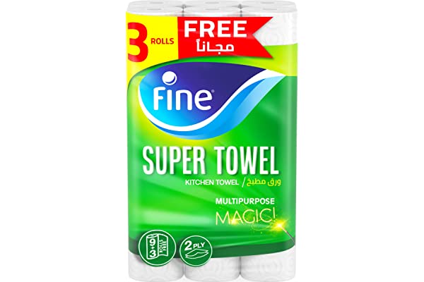 مناديل مطبخ ورقية معقمة سوبر من فاين، طبقتان، عبوة 12 قطعة (9+3 لفات هدية)، قطعتين
