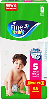 مجموعة حفاضات اطفال بيبي ماكسي مقاس 5 (لوزن 11-18 كجم) من 58 حفاضة من فاين بيبي، تصميم بحواجز تسرب مزدوجة جديدة ومحسنة!