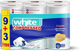 رول تواليت مضغوط بلون ابيض، 12 رول